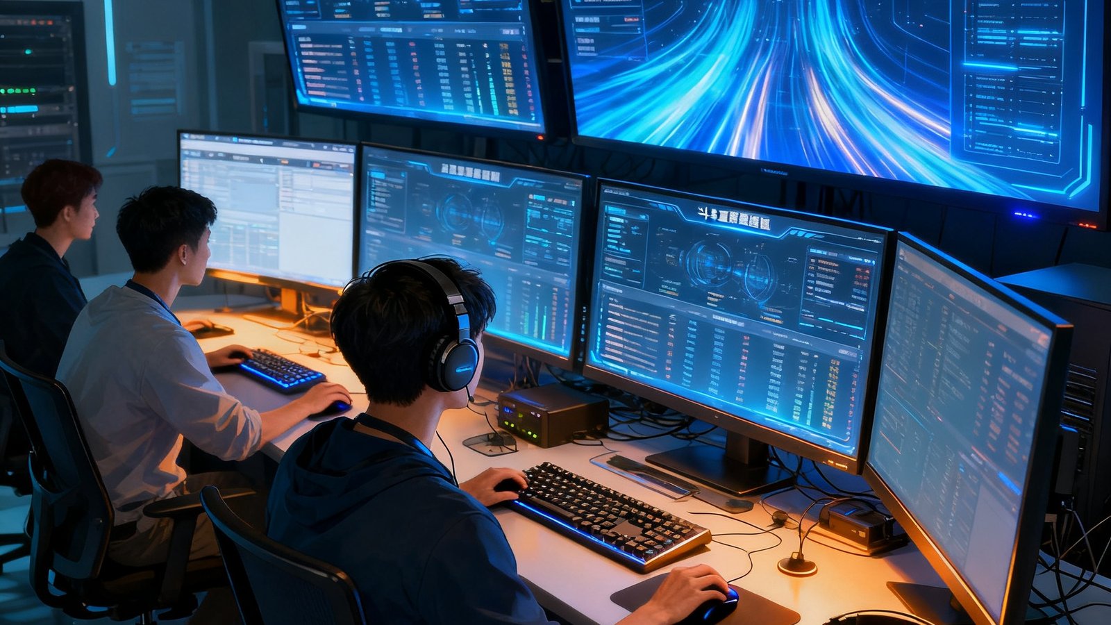 斗球直播技术团队在数据监控中心工作的场景，多块大屏幕实时显示全球赛事数据流和服务器状态
