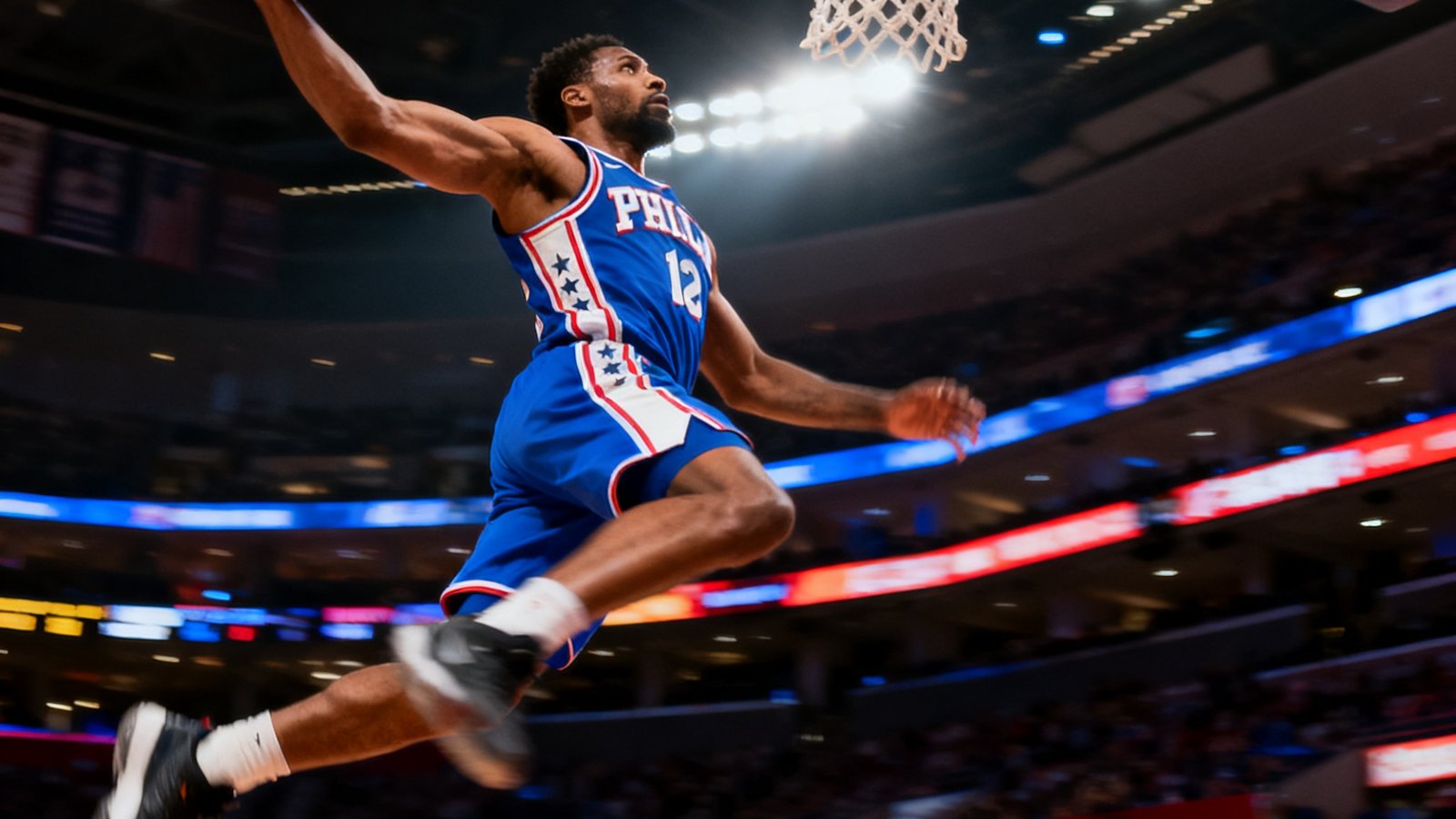 NBA季后赛直播画面，球馆内灯光璀璨，一名球员飞身扣篮瞬间被抓拍，画面充满力量感